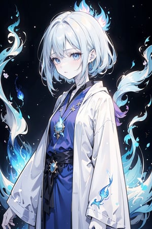  1girl,fantasy,(a pale blue flame:1.4),deep space,(magician robe:1.2),purple loose fitting robe,expressionless,with a indifferent expression,(a few tears shed:0.8),a determined intention,raytracing,colored lighting,color dissolution,dark theme,blue theme