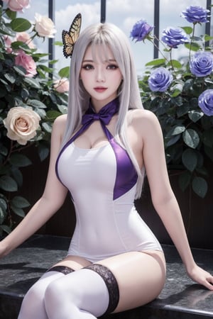 Silver hair, crystal hair, butterfly, long white hair, 8k wallpaper, detailed background, highest resolution, hair covering one eye, tie, chivas, purple rose, tight fitting, high stockings, long stockings