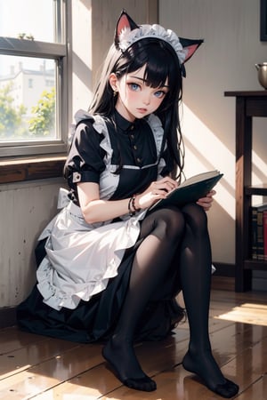 1 Girl, solo, long hair, black hair, dress, ribbon, hold, animal ear, jewelry, sitting, whole body, short sleeve, pantyhose, indoor, Cat's ears (Steamed cat-ear shaped bread), apron, bracelet, foot, book, black pantyhose, maid, maid headdress, toe, no shoes, sole, maid apron, hold books, on the floor,