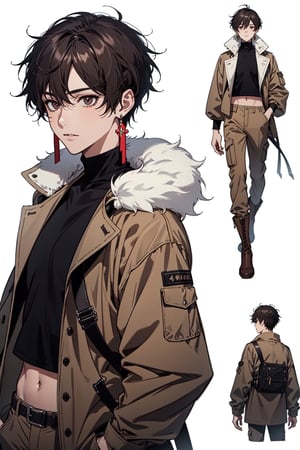  short hair, anime style, white background, character sketch, rotation, character sheet, young boy, full body, short coat, slits, brown boots, cargo pants, leather turtleneck, cheerful, synthetic animal fur, facial expressions, many, cross earrings, straps, accessories, crop top, genshin_impact