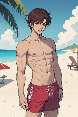   (solo), jungkook, anime, anime style, male, man, 1_boy, slim, slim body, young guy, thin body, small body, thin, sexy_pose, character sketch, beachwear, beach, playing, big_muscle