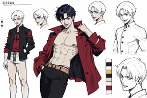   (solo), jungkook, anime, anime style, male, man, 1_boy, slim, slim body, young guy, thin body, small body, thin, sexy_pose, casual_clothes, tree, city, vampire, fangs, shiny eyes,jacket, character sketch, rotation, character sheet, japanese_clothes
