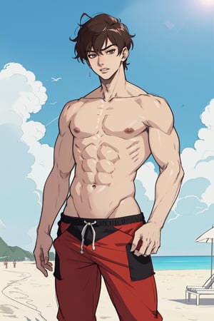   (solo), jungkook, anime, anime style, male, man, 1_boy, slim, slim body, young guy, thin body, small body, thin, sexy_pose, character sketch, beachwear, beach, playing, big_muscle