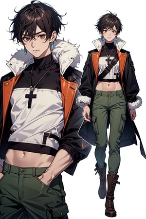  short hair, anime style, white background, character sketch, rotation, character sheet, young boy, full body, short coat, slits, brown boots, cargo pants, leather turtleneck, cheerful, synthetic animal fur, facial expressions, many, cross earrings, straps, accessories, crop top, genshin_impact