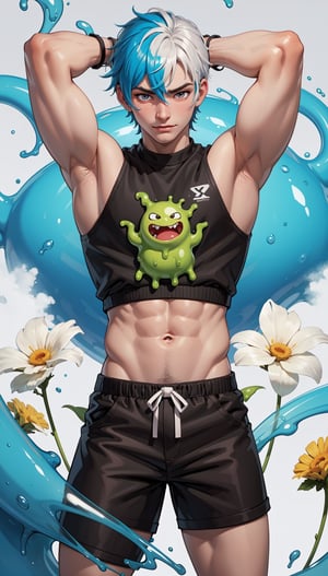 masterpiece, best illustration, detailed 8K,male focus,hair between eyes, masterpiece, (best quality:1.3),best illustration,extremely detailed 8K wallpaper,  1boy, anime, Flowers, crop top, bad boy, slime,  crazy, sexy pose, male, men, guy