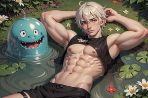 masterpiece, best illustration, detailed 8K,male focus,hair between eyes, masterpiece, (best quality:1.3),best illustration,extremely detailed 8K wallpaper,  1boy, anime, Flowers, crop top, bad boy, slime, swamp, crazy, sexy pose