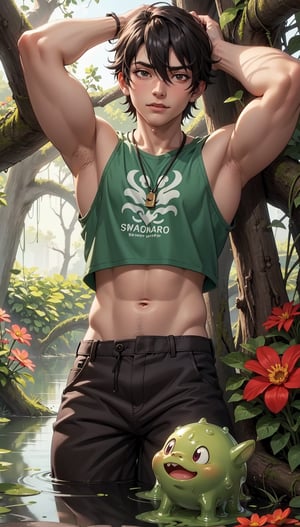 masterpiece, best illustration, detailed 8K,male focus,hair between eyes, masterpiece, (best quality:1.3),best illustration,extremely detailed 8K wallpaper,  1boy, anime, Flowers, crop top, bad boy, slime, swamp, crazy, sexy pose