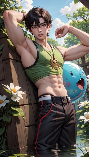 masterpiece, best illustration, detailed 8K,male focus,hair between eyes, masterpiece, (best quality:1.3),best illustration,extremely detailed 8K wallpaper,  1boy, anime, jungkook, Flowers, crop top, bad boy, slime, swamp, crazy, sexy pose