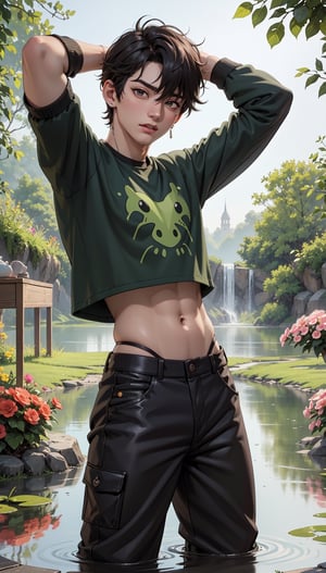 masterpiece, best illustration, detailed 8K,male focus,hair between eyes, masterpiece, (best quality:1.3),best illustration,extremely detailed 8K wallpaper,  1boy, anime, jungkook, Flowers, crop top, bad boy, slime, swamp, crazy, sexy pose
