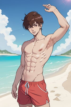   (solo), jungkook, anime, anime style, male, man, 1_boy, slim, slim body, young guy, thin body, small body, thin, sexy_pose, character sketch, beachwear, beach, playing, big_muscle