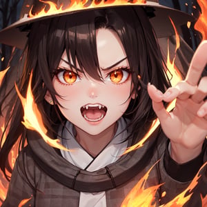 Kamado_Nezuko, 1girl, solo, looking_at_viewer, teeth, orange_hair, slit_pupils, clenched_teeth, angry, veins, asa_no_ha_\(pattern\), checkered_sash, fire, forest