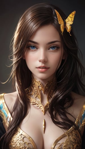 8k portrait of beautiful cyborg with brown hair, intricate, elegant, highly detailed, majestic, digital photography, art by artgerm and ruan jia and greg rutkowski surreal painting gold butterfly filigree, broken glass, (masterpiece, sidelighting, finely detailed beautiful eyes: 1.2), hdr, 