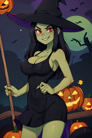 ((masterpiece,best quality)), absurdres,, Gruntilda, green skin, long black hair, black dress, red eyes, busty, smug, evil smile, , witch hat, solo, smiling, looking at viewer, cowboy shot, orange theme, halloween, (holding a pumpkin), pumpkins, cinematic composition, contrapposto