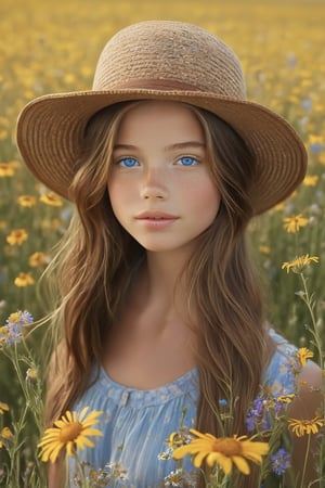 1girl, solo, looking at viewer, blue eyes, brown hair, hat, flower meadow field, lips, portrait, realistic, hat flower,ENHANCE,photorealistic,4k, full body portrait