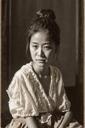 ((Petite modest fit flat-chested feminine soft beautiful pale white Chinese woman)), (((Black and white,  old faded Albumen photos,  old-fashioned,  old,  vintage,  late 19th century,  1880s 1890s photograph))),  ((late 19th century early 20th century,  late 1800s early 1900s,  cotton textile fabric silk factory,  industrial production,  assembly line)),  (((simple tight hairbun))),  ((self-combed zishunü women)),  ((high contrast lighting)),  (dark shadowy shady nighttime),  rosy blush,  black and white,  asian girl, ((Wearing a white shirt and beige skirt sitting)), high definition, complex_background,asian girl,aesthetic portrait, epic details 8k, super high quality,perfecteyes,Detailedface,DonM4lbum1n,Detailedeyes,1 girl,1girl