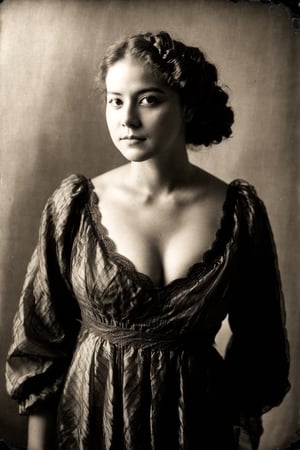 ((Busty voluptuous fit flat-chested feminine soft beautiful dark tanned Hispanic American woman)), (((Black and white,  old faded Albumen photos,  old-fashioned,  old,  vintage,  late 19th century,  1880s 1890s photograph))),  ((late 19th century early 20th century,  late 1800s early 1900s)),  ((high contrast lighting)),  (dark shadowy shady nighttime),  rosy blush,  black and white,  ((Wearing a light dress gown)), high definition, complex_background, aesthetic portrait, epic details 8k, super high quality,perfecteyes,Detailedface,DonM4lbum1n,Detailedeyes,1 girl,1girl