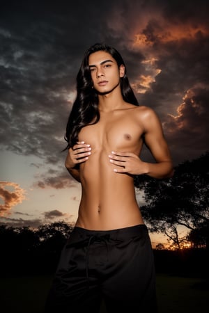 femboy, trap, (black curtain long hair), androgynous, tanned, cargo pants, photoshoot portrait, hyperrealistic, 18 years old, clean shaven, fit body, (pectoral, bare chest), detailed face, detailed slim lean physique, retina, smooth belly, smooth stomach, flat belly, flat stomach, handsome face, skinny body, worker cargo pants, Inguinal ligament, erect nipple, sexy navel, small smile, in rain during a spectacular evening sunset, majestic picturesque red evening clouds, coconut tree landscape countryside, best quality, 16k, insanely detailed, intricate detail, highly detailed, super detail, high details, uhd, HDR, drop shadow, sparkle, depth of field, accurate, elegant, medium shot, expert,Portrait,Perfect Nipples,photorealistic,trap,Detailedface