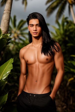 femboy, trap, (black curtain lengthy long hair), androgynous, cargo pants, photoshoot portrait, hyperrealistic, 18 years old, clean shaven, fit body, (pectoral, bare chest), detailed face, detailed slim lean physique, retina, smooth belly, smooth stomach, flat belly, flat stomach, handsome face, skinny body, worker cargo pants, Inguinal ligament, erect nipple, small smile, in rain during a spectacular sunset, coconut tree landscape countryside, best quality, 16k, insanely detailed, intricate detail, highly detailed, super detail, high details, uhd, HDR, drop shadow, sparkle, depth of field, accurate, elegant, medium shot, expert,Portrait,Perfect Nipples,photorealistic,trap