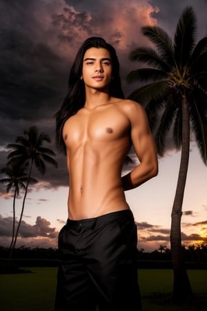 femboy, trap, (black curtain long hair), androgynous, cargo pants, photoshoot portrait, hyperrealistic, 18 years old, clean shaven, fit body, (pectoral, bare chest), detailed face, detailed slim lean physique, retina, smooth belly, smooth stomach, flat belly, flat stomach, handsome face, skinny body, worker cargo pants, Inguinal ligament, erect nipple, sexy navel, small smile, in rain during a spectacular evening sunset, majestic picturesque red evening clouds, coconut tree landscape countryside, best quality, 16k, insanely detailed, intricate detail, highly detailed, super detail, high details, uhd, HDR, drop shadow, sparkle, depth of field, accurate, elegant, medium shot, expert,Portrait,Perfect Nipples,photorealistic,trap