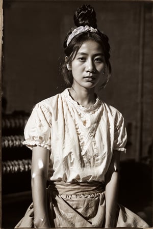 ((Petite modest fit flat-chested feminine soft beautiful pale white Chinese woman)), (((Black and white,  old faded Albumen photos,  old-fashioned,  old,  vintage,  late 19th century,  1880s 1890s photograph))),  ((late 19th century early 20th century,  late 1800s early 1900s,  cotton textile fabric silk factory,  industrial production,  assembly line)),  (((simple tight hairbun))),  ((self-combed zishunü women)),  ((high contrast lighting)),  (dark shadowy shady nighttime),  rosy blush,  black and white,  asian girl, ((Wearing a white shirt and beige skirt sitting)), high definition, complex_background,asian girl,aesthetic portrait, epic details 8k, super high quality,perfecteyes,Detailedface,DonM4lbum1n,Detailedeyes