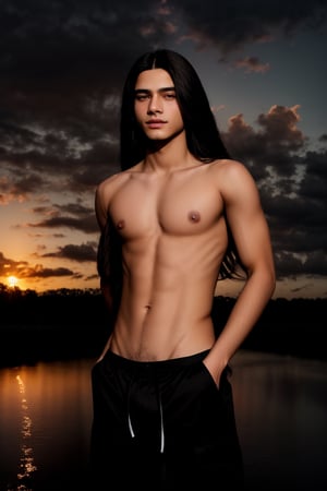 femboy, trap, (black curtain long hair), androgynous, cargo pants, photoshoot portrait, hyperrealistic, 18 years old, clean shaven, fit body, (pectoral, bare chest), detailed face, detailed slim lean physique, retina, smooth belly, smooth stomach, flat belly, flat stomach, handsome face, skinny body, worker cargo pants, Inguinal ligament, erect nipple, sexy navel, small smile, in rain during a spectacular evening sunset, majestic picturesque red evening clouds, coconut tree landscape countryside, best quality, 16k, insanely detailed, intricate detail, highly detailed, super detail, high details, uhd, HDR, drop shadow, sparkle, depth of field, accurate, elegant, medium shot, expert,Portrait,Perfect Nipples,photorealistic,trap,Detailedface