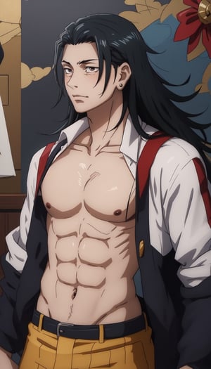 masterpiece, best illustration, detailed 8K,male focus, masterpiece, (best quality:1.3),best illustration,extremely detailed 8K wallpaper,1boy, anime style, Best Quality,getou,black hair, open chest