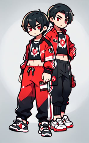 young boy, short hair, black, red eyes, crop top, baggy pants, sneakers, red jacket, male, sole_male