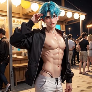 1boy, bts, hair between the eyes, Anime, twink, sexy pose, theater lighting, people watching around, reflectors illuminating,with clothes,random clothes, beach