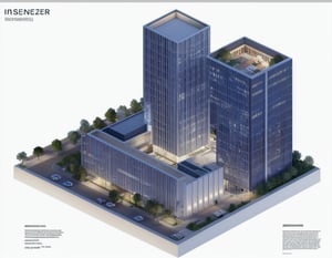 isometric view, building complex at night, (niemeyer architecture)