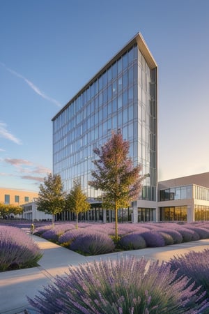 sunrise SKY, surrounding lavender trees, business complex, ((architecture by carlos bratke)), 