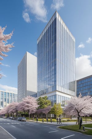 noon SKY, surrounding cherry trees, business complex, ((architecture by ruy ohtake)), 