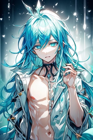 (Masterpiece), best quality, perfect face, straight hair, 1 girl, solo, sadistic face, bright blue hair, glowing blue eyes, no shirt, 1 boy, ain, bed
