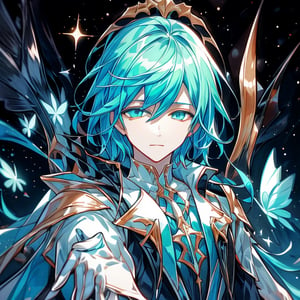 (masterpiece), best quality, perfect face, straight hair, 1 girl, solo, sadistic face, bright blue hair, glowing blue eyes, holding a red sword, detailed priest top, 1 boy, Al Ain, priest costume, white gloves, black pants, starry sky background, green theme