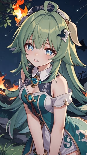 masterpiece, best quality, high resolution, super detailed, detailed background, 1girl, huo huo, night, meteor trails, tears, (dog footprint eyes), long hair, perfect human hands, looking at viewer, clothes, micro Breasts, dress, bonfire, hair between eyes, upper body, green hair, teeth, spooky background, very shy expression, bangs, hair accessory, bare shoulders, leaning forward, tail, no pants, small hat, will-o'-the-wisp , aged down