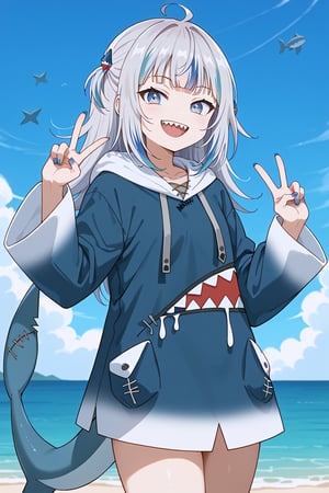 score_9, score_8_up, score_7_up, source_anime, ggdef, shark girl, blue eyes, blue hair, grey hair, multicolored hair, streaked hair, blunt bangs, two side up, shark hair ornament, sharp teeth, nail polish, blue nails, shark tail, fins, blue hoodie, hood down, long sleeves, wide sleeves, sleeves past wrists, drawstring, shark costume, peace sign, cowboy shot, smile, happy, looking at viewer,