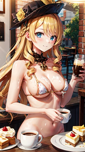 big breasts,look,solo,1girl,upper body,big breasts,H cup,highest quality,cafe (location),blonde hair,gold super small bikini,lower body nude,black hat,dessert,coffee liquid slips from cleavage into cup, milk spilled on body