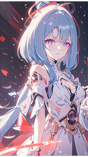 (Masterpiece), best, perfect face, straight hair, 1 girl, solo, sadistic face, bright blue hair, glowing purple eyes, holding red lightsaber, detailed white dress, 1 girl, Gretchen,light_saber
