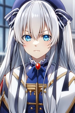 (masterpiece), best quality, straight hair, solo, sadistic face, bright white hair, white priest costume, super detailed, HDR, (perfect face, detailed face, detailed eyes), 8k, HD , super realistic face, ray tracing, perfect lighting, best quality, shiny eyes, 1 boy, red eyes, glowing eyes, no smile, sad eyes, angry expression, holding a pendulum,CELIA CLAIRE