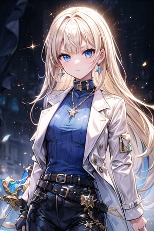 1girl, solo, long hair, looking at viewer, bangs, blue eyes, blond hair, blue shirt, long sleeves, jewelry, shut up, jacket, weapon, earrings, belt, sword, coat, white jacket, Alicia branch