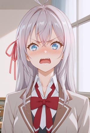 score_9, score_8_up, score_7_up, source_anime BREAK 1girl, alya_def, solo, looking at viewer, blush, nose blush, open mouth:1.2, school uniform, hair ribbon, indoors, pink ribbon, v-shaped eyebrows, angry, portrait, wide-eyed, red bowtie, meme, wavy mouth,score_9, score_8_up, score_7_up, source_anime