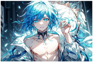 (Masterpiece), best quality, perfect face, straight hair, 1 girl, solo, sadistic face, bright blue hair, glowing blue eyes, no shirt, 1 boy, ain, bed