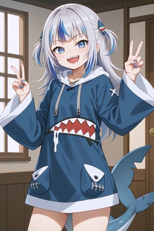 score_9, score_8_up, score_7_up, source_anime, ggdef, shark girl, blue eyes, blue hair, grey hair, multicolored hair, streaked hair, blunt bangs, two side up, shark hair ornament, sharp teeth, nail polish, blue nails, shark tail, fins, blue hoodie, hood down, long sleeves, wide sleeves, sleeves past wrists, drawstring, shark costume, peace sign, cowboy shot, smile, happy, looking at viewer,