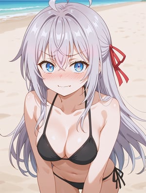 Wavy mouth, shy blush, alisa mikhailovna, long hair, 1girl, grey hair, solo, blue eyes, hair between eyes, hair ribbon, red ribbon, crossed bangs, ahoge, black bikini, looking at viewer, cowboy shot, smirk, beach, score_9, score_7_up,anime coloring ,source_anime, anime, anime screencap