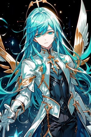 (masterpiece), best quality, perfect face, straight hair, 1 girl, solo, sadistic face, bright blue hair, glowing blue eyes, holding a red sword, detailed priest top, 1 boy, Al Ain, priest costume, white gloves, black pants, starry sky background, green theme