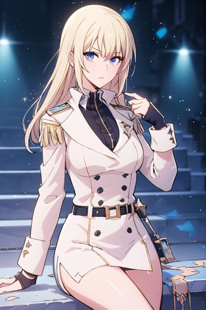 Aria Branch, a stunning young woman with long blond hair and striking blue eyes, sits confidently in the spotlight, her bangs framing her face. She wears a crisp white shirt with long sleeves, a fitted jacket, and a statement belt, completing her mature secretary image. A blue napkin lies carelessly on her lap, as if discarded after a hasty snack. Her gaze meets the audience's directly, lips slightly parted in a silent command: 'Shut up.' The camera captures her centered pose, emphasizing her toned physique and highlighting the provocative cut of her white miniskirt.,1 girl