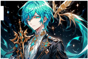 (masterpiece), best quality, perfect face, straight hair, 1 girl, solo, sadistic face, bright blue hair, glowing blue eyes, holding a red sword, detailed priest top, 1 boy, Al Ain, priest costume, white gloves, black pants, starry sky background, green theme