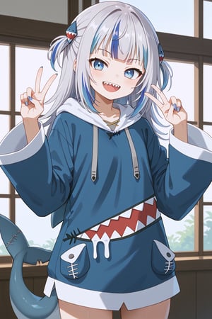 score_9, score_8_up, score_7_up, source_anime, ggdef, shark girl, blue eyes, blue hair, grey hair, multicolored hair, streaked hair, blunt bangs, two side up, shark hair ornament, sharp teeth, nail polish, blue nails, shark tail, fins, blue hoodie, hood down, long sleeves, wide sleeves, sleeves past wrists, drawstring, shark costume, peace sign, cowboy shot, smile, happy, looking at viewer,<lora:alisa-mikhailovna-kujou-alpha-pony,alisa mikhailovna kujou,ahoge