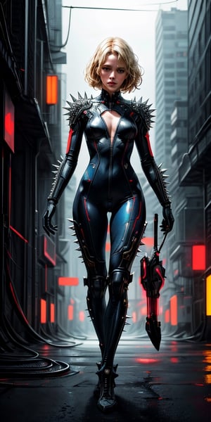 :3, spiky hair,  (red bodysuit:1.2), full body, neon color, science fiction, solo, cyberpunk city landscape, neon lights, volumetric lighting, beautiful blonde woman, large breasts, depth of field, glowing eyes,  , light depth, dramatic atmospheric lighting,, ,(masterpiece),(detailed),(intricate details),(realistic, photo-realistic:1.37),illustration,an extremely delicate and beautiful,8k wallpaper,absurdres,incredibly absurdres,ultra-detailed,highres,extremely detailed,, 