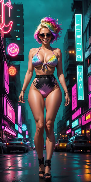 A woman in a vibrant bikini, wearing sunglasses, smiles confidently. Her bikini is multi-colored, with a tie-dye design and a high waist. She has a lean body and is standing in front of a cityscape, featuring colorful buildings and neon lights. The city appears to be lively and bustling, with numerous lights illuminating the scene.#Cartoon,Anime,Vector Art,Madmax,High Definition