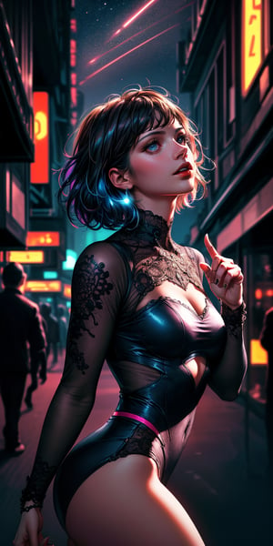 , (carmelie1:1.2)  
 highly detailed, complex composition, woman with short hair looking up, vibrant cityscape at night, neon lights, dynamic sky with streaks of light, realistic anatomy, accurate hands and fingers, intricate textures, dramatic lighting, shadows, high-quality rendering